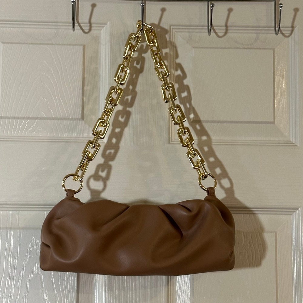 Brown Vegan Dumpling style Leather‎ Cloud Pouch Bag Chunky Gold Chain Strap Bag